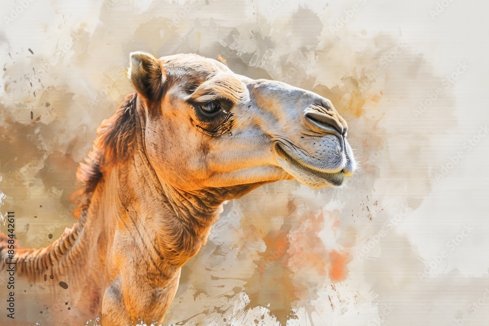 Wall mural A close-up view of a camel's face with a blurred background