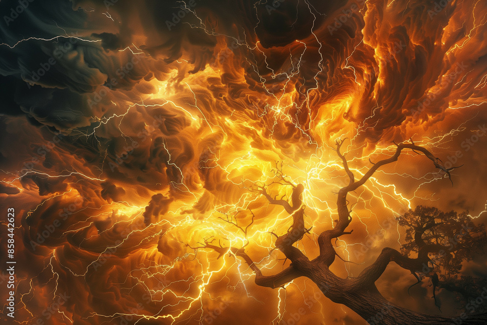 Poster surreal stormscape with a silhouetted tree under fiery skies, intense lightning strikes creating a d