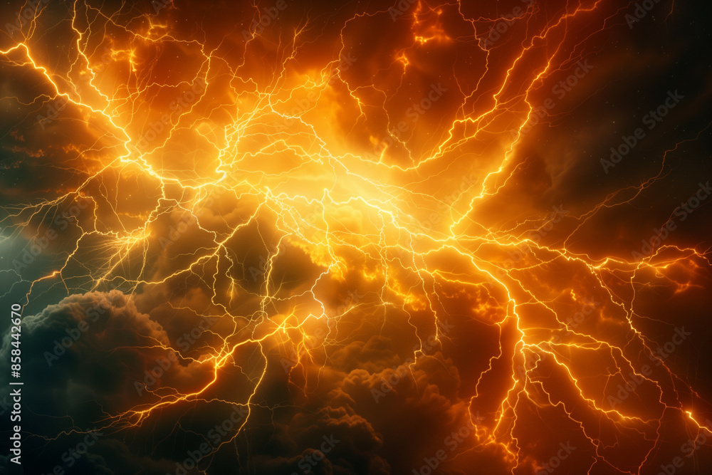 Poster dynamic display of intense electrical storm with vivid lightning bolts illuminating the cloudy sky, 