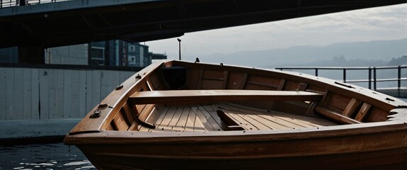 classic wooden boat facing the camera, minimalist, deadpan, banal, cool, clinical, urban, iconic, conceptual, subversive, sparse, restrained, symbol