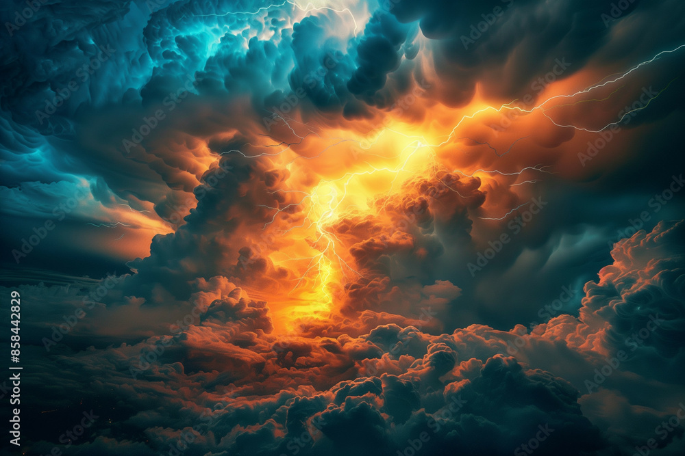 Poster dramatic sky at twilight: a vivid display of cumulus clouds illuminated by striking lightning in a c