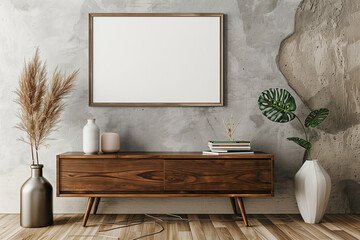A modern minimalist living room featuring a sleek wooden console table, stylish decor items, and green plants against a textured concrete wall