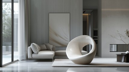 A chic living room with a minimalist design, featuring a single, large minimalist sculpture in a matte ivory finish