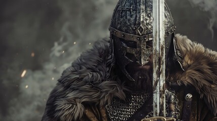 A medieval warrior holding a sword, suitable for history or fantasy themes