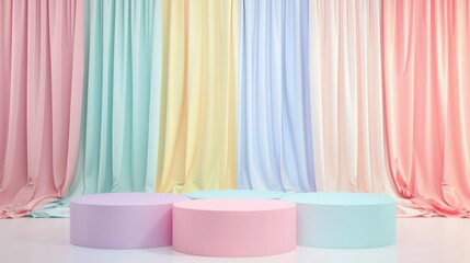 Pastel pink, blue, lavender, and yellow draped curtains with platforms