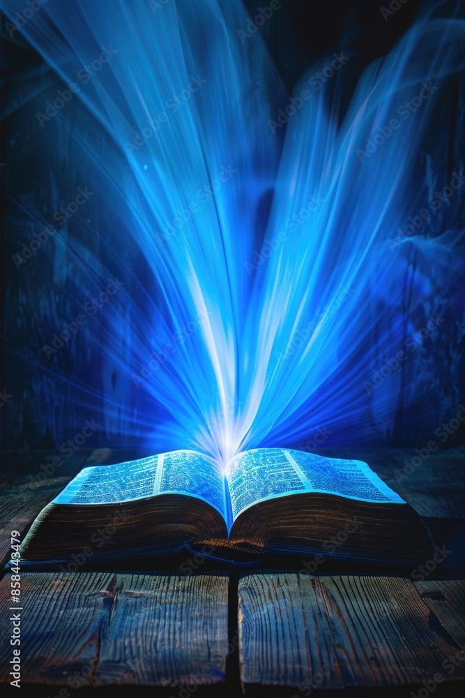 Poster a person reading an open book lit by a blue light, possibly in a cozy or studious setting
