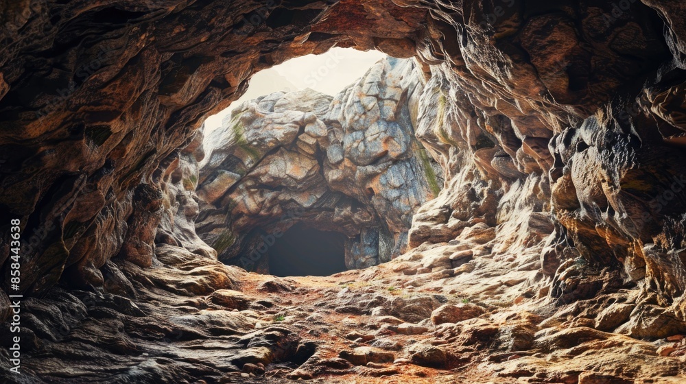 Poster a dark cave entrance with a light at the end, perfect for use in adventure or exploration scenes