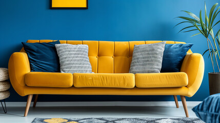 Yellow sofa standing in modern blue living room interior