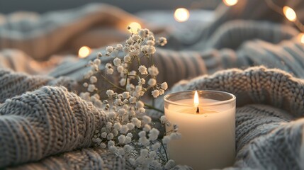 Creating a cozy atmosphere with a lit candle baby s breath flowers and knitted sweaters Embracing the concept of hygge