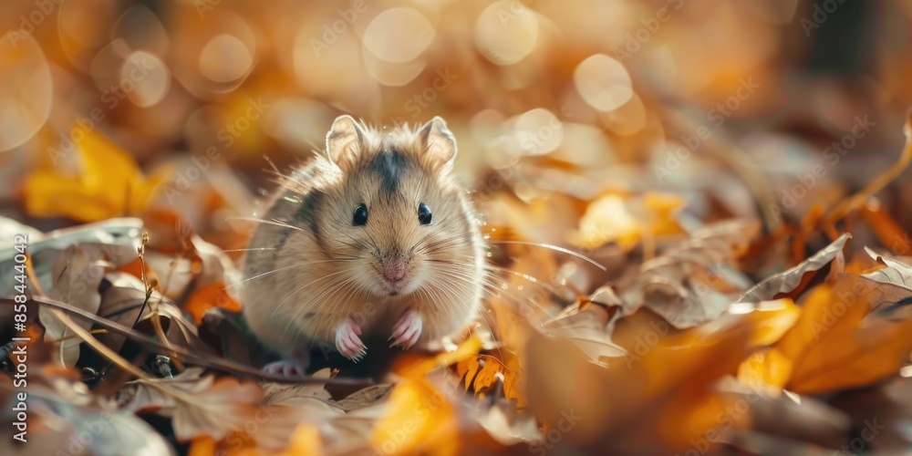 Sticker A small hamster sitting amidst a pile of autumn leaves, ready for play or snuggle