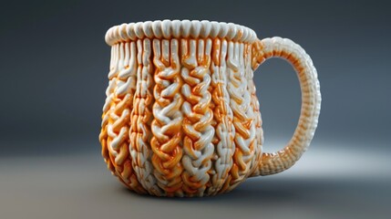 A colorful ceramic mug with orange and white designs, perfect for daily use or as a decorative item