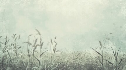 Fototapeta premium Vintage illustration of a foggy wheat field at dawn