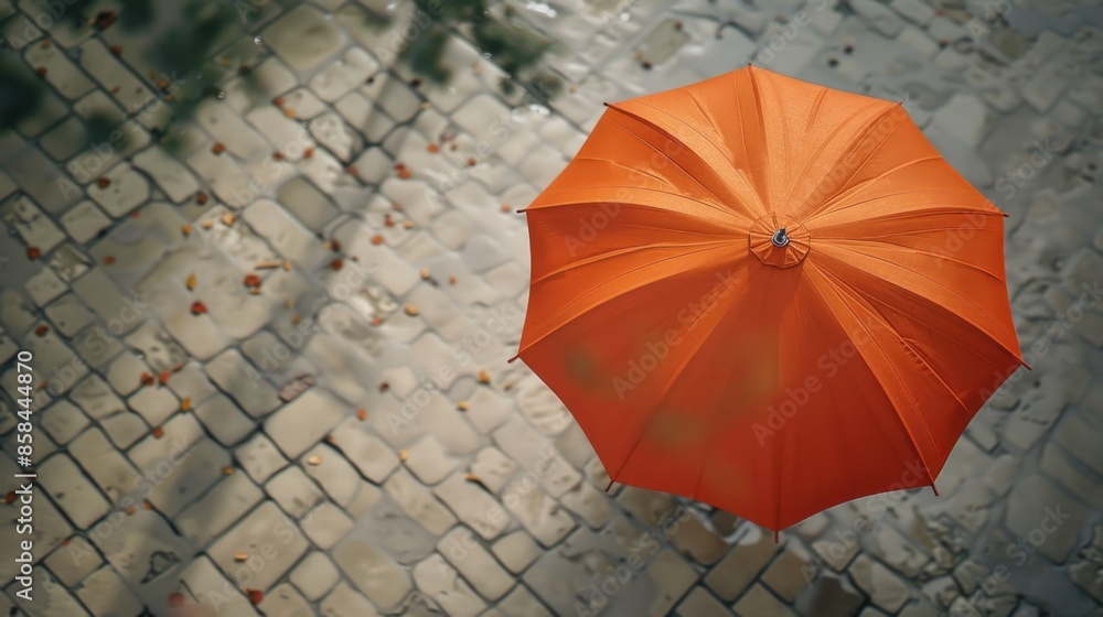 Poster a colorful orange umbrella sits atop a worn cobblestone street, perfect for adding a pop of color to