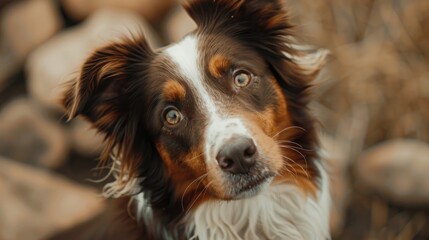 A border collie with stunning brown gold and white colors gazes ahead at the camera