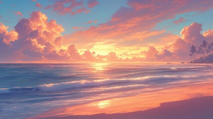Fototapeta premium A beautiful sunset over the ocean with a palm tree in the background. Anime background
