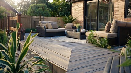 outdoor living space featuring decking made from composite materials that recycle plastic and wood waste