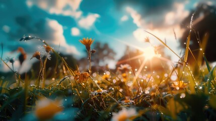 A serene scene featuring a lush field with various flowers and the warm sunlight in the background