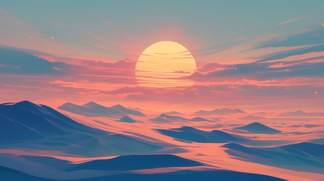 A beautiful sunset with a large sun in the sky. Anime background