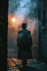 A gentleman in a top hat and coat walking down a city street, suitable for use in historical or vintage-themed designs