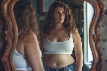 Naklejka premium A woman stands in front of a mirror, reflecting on her appearance