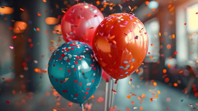 Three balloons with confetti patterns, pink, orange, and blue, float in a room with scattered confetti.