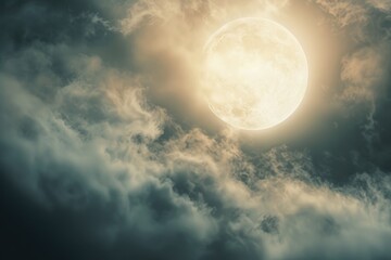 Obraz premium Aircraft flying through clouds at night with a full moon in the background