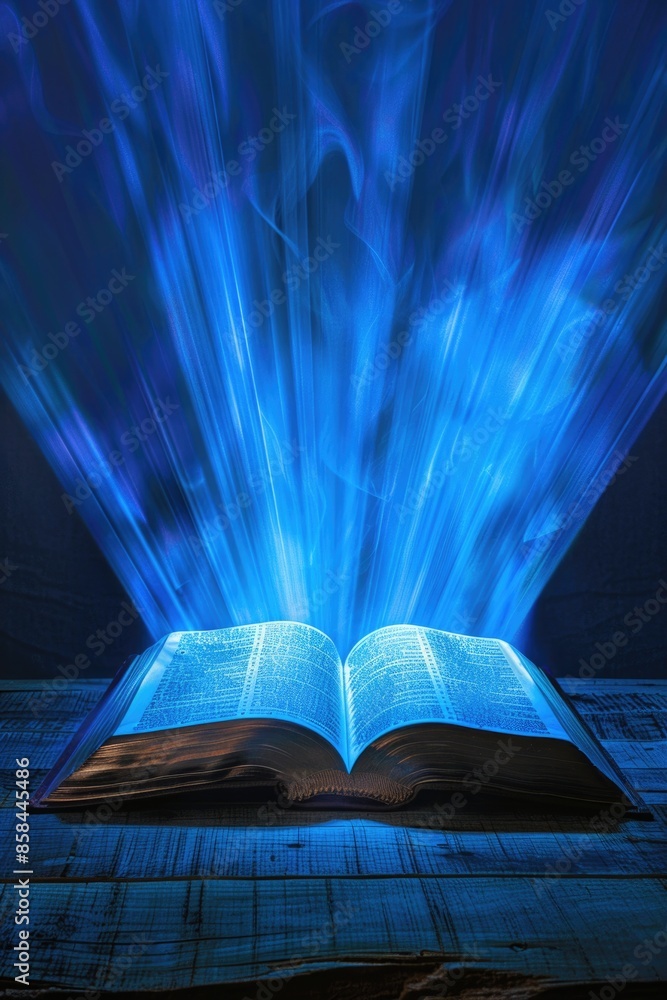 Poster a person is reading an open book illuminated by a blue light, suggesting a sense of quiet contemplat
