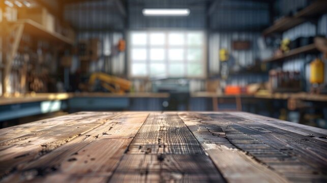 Carpentry workshop with blurred background and scratched table