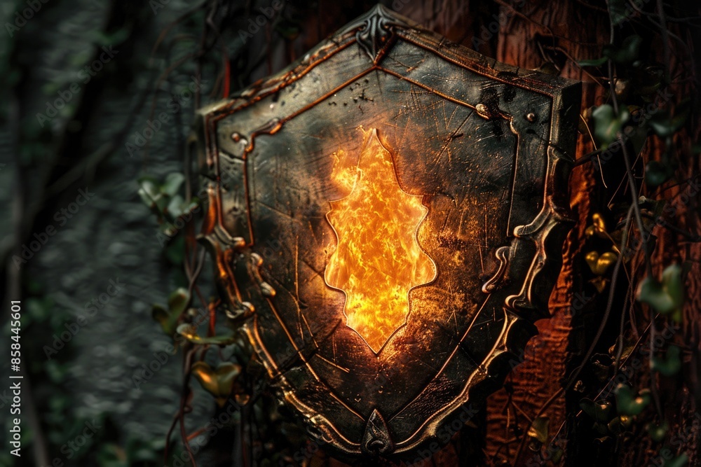 Poster a metal shield with flames burning inside, suitable for use in scenarios involving protection or int