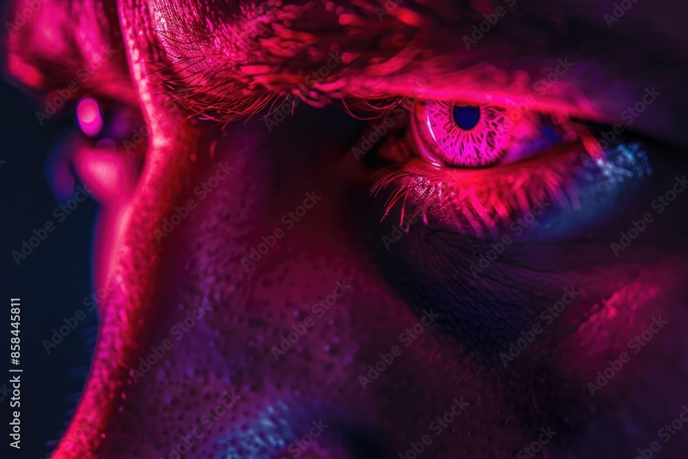 Poster a close-up shot of a person's eye with a bright red light, suitable for use in various themes and st