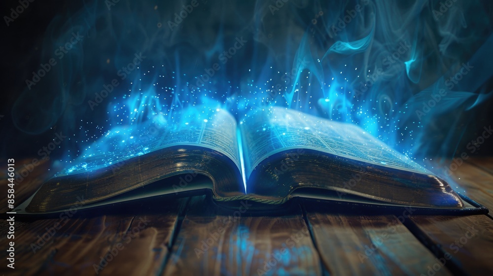 Aufkleber an open book with blue lights shining from within, suitable for education or technology scenes