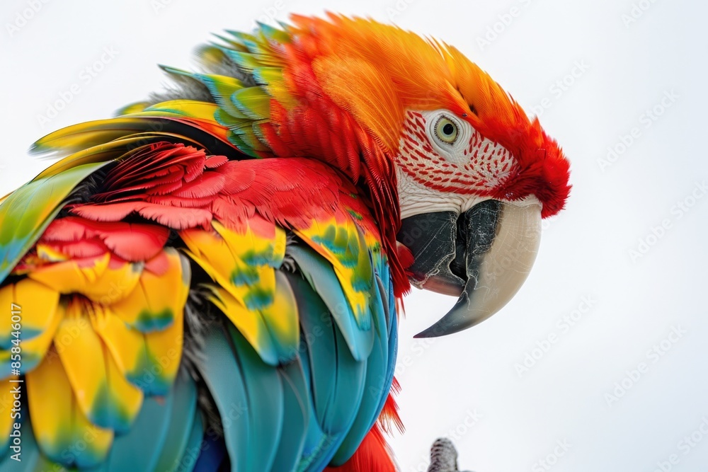 Leinwandbilder a colorful parrot sitting on a white surface, ready for use in various contexts