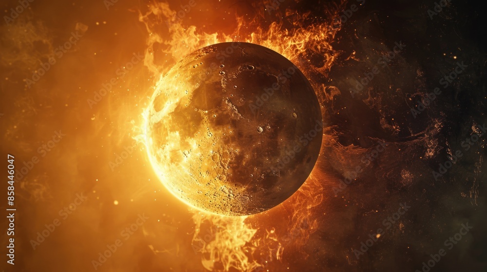 Poster a close-up view of a planet with flames and sparks in the background, suitable for sci-fi or space-t