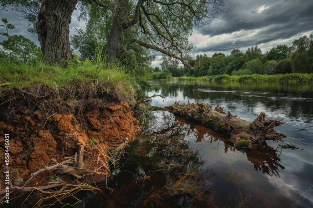 Poster A picture of a river with a fallen tree trunk lying across its surface