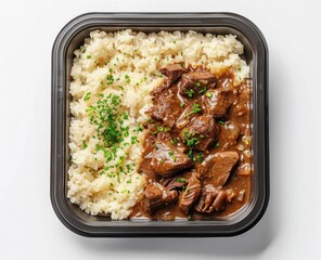 Beef Stew with Rice in a Black Container