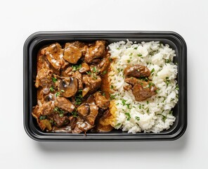 Beef Stew with Rice in a Black Container