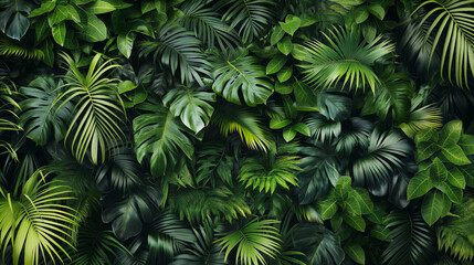 lush, vibrant background featuring a dense arrangement of various tropical leaves in different shades of green. The foliage creates a rich, textured pattern, evoking the feel of a dense jungle