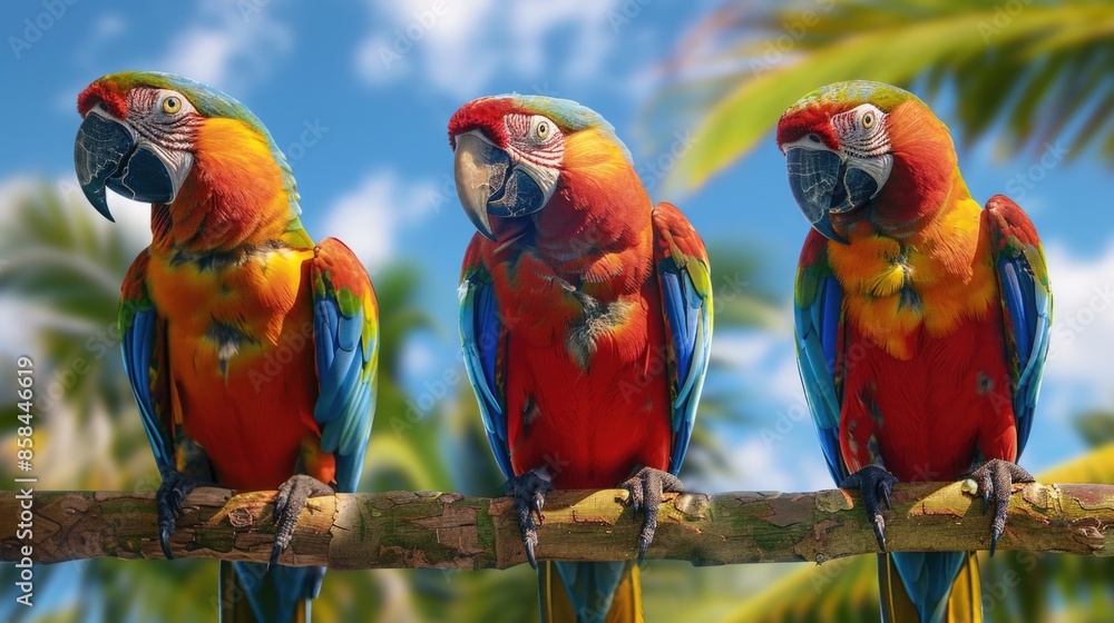 Poster three vibrant parrots perched on a branch, surrounded by lush palm trees