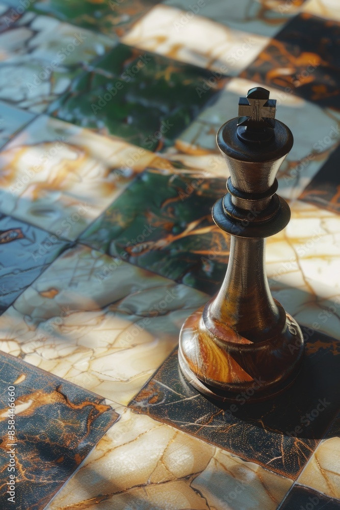 Poster a detailed view of a single chess piece on a table, suitable for use in articles or educational mate