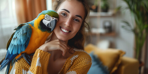 Naklejka na ściany i meble cheerful woman, wearing a yellow sweater, smiling warmly , colorful blue and yellow parrot perches on her shoulder, nuzzling her cheek. The background features a cozy, well-lit room with soft decor
