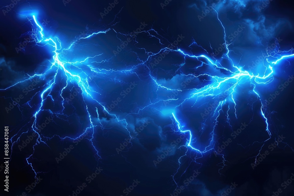 Poster A group of lightning flashes in the dark sky, ideal for use in weather or storm related contexts