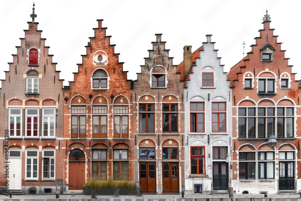 Poster row of brick buildings with a clock tower, perfect for use in architectural or urban planning contex