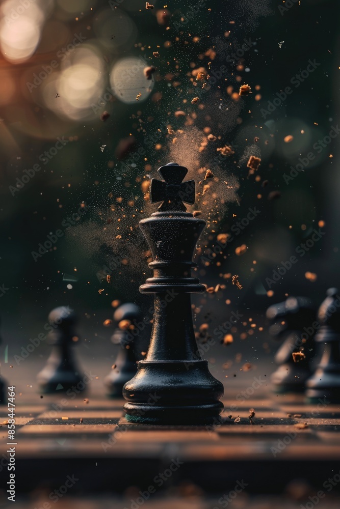 Poster A close-up view of a chessboard with pieces falling off, ideal for use in illustrations or designs related to strategy games