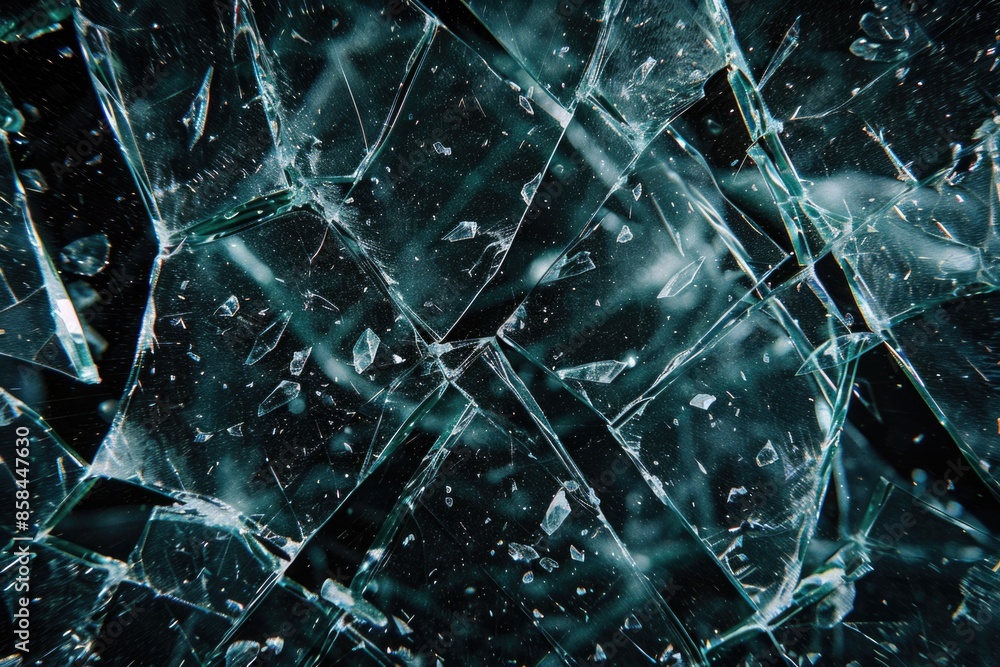 Poster a close-up view of a broken glass surface with sharp edges and fragments