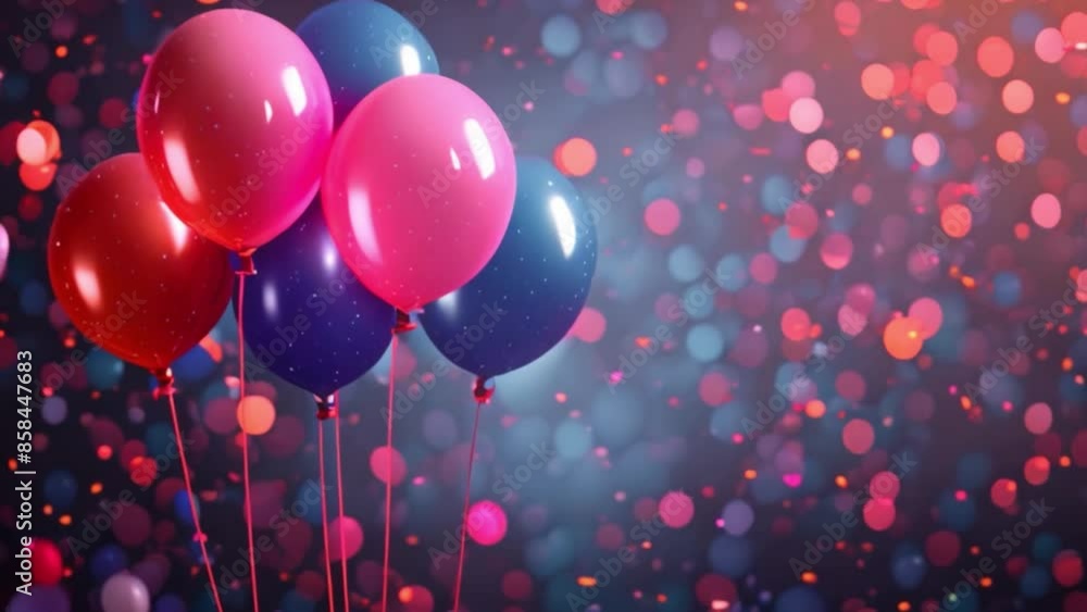 Poster close-up shot of colorful balloons with confetti against a blue background with bokeh lights.