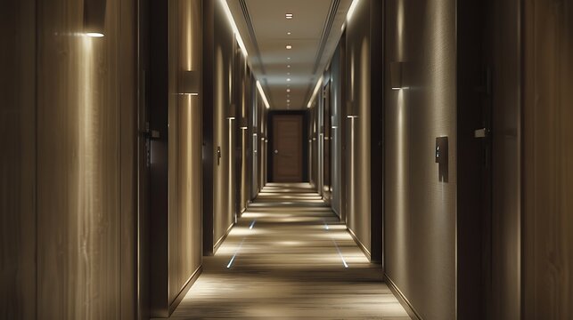 boutique hotel corridor that uses motion-sensor floor lighting to guide guests to their rooms without the need for overhead lights