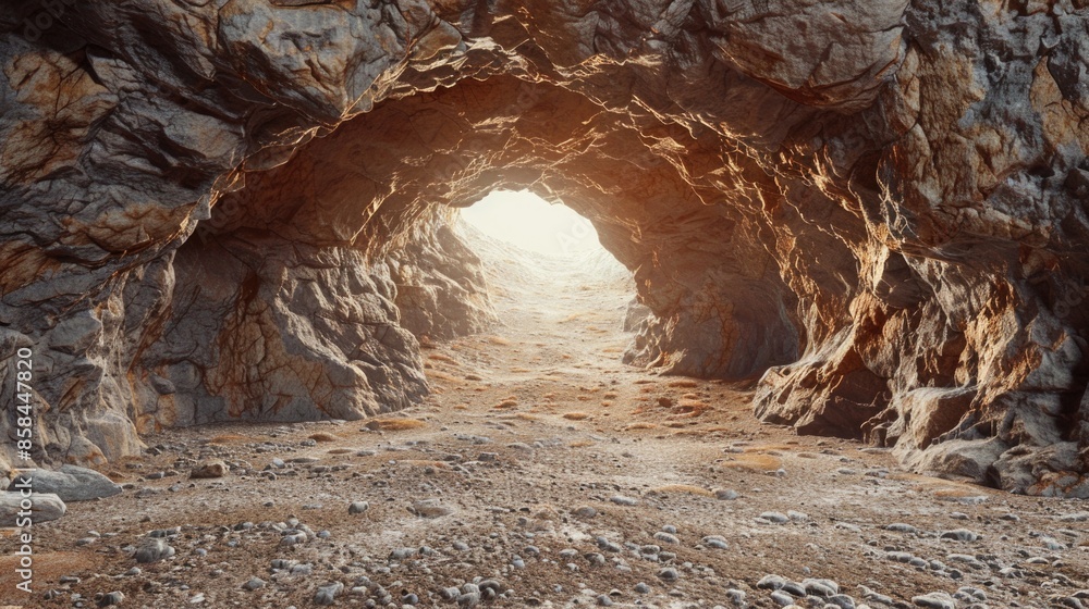 Poster a cave with a light at the end of it, suitable for use as an illustration or decoration