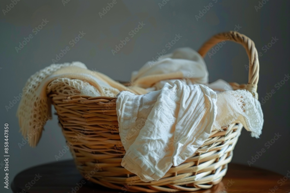 Poster a wicker basket filled with white cloth, perfect for storing linens or other delicate items