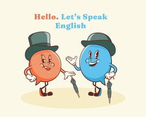 Vector English Talk Language Learning Group of British Gentleman Characters in Hats Illustration. Groovy Cartoon Speech Bubbles Conversation Chat Message London Speak Personage Isolated