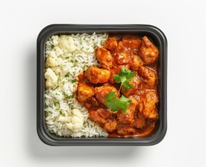 Chicken Tikka Masala with Rice and Cauliflower in a Black Container